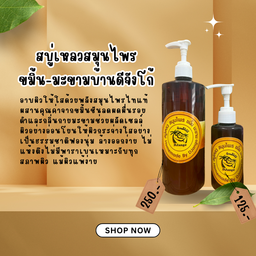 สบู่เหลวสมุนไพร ขมิ้น มะขาม บ้านดีจังโก้ ลดสิว ผิวใส